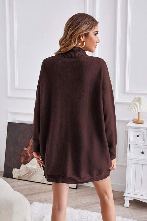 Exposed Seam Mock Neck Slit Sweater