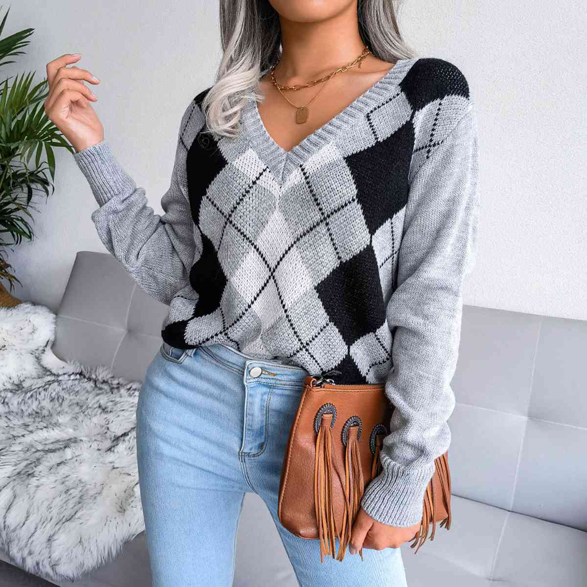 Geometric V-Neck Sweater