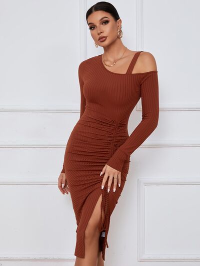 Ribbed Ruched Drawstring Wrap Dress