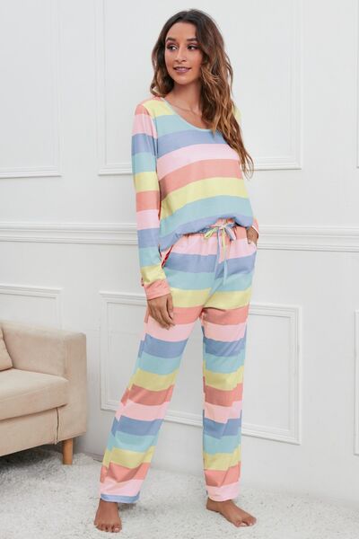 Striped Round Neck Long Sleeve Top and Drawstring Pants Lounge Set