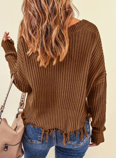 Fringe V-Neck Dropped Shoulder Sweater